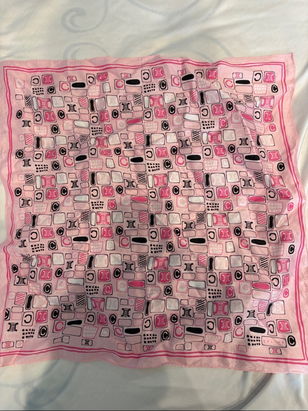 Celine Pink Logo Print Silk Scarf